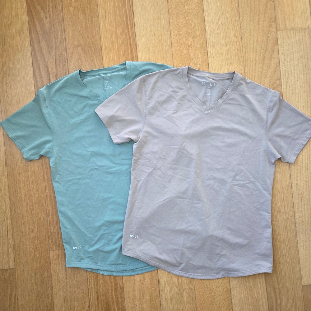 2pk BYLT Lux V-Neck T-Shirt Bundle Mens Large Green Taupe Drop Cut Short Sleeve